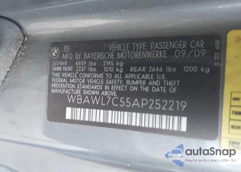 2010 BMW 335I z USA, uszkodzony, nr VIN WBAWL7C55AP252219